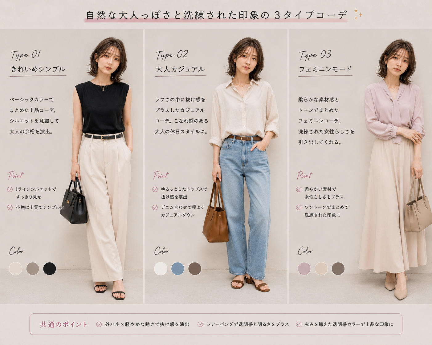 ベース顔×大人フェミニン 3タイプのコーディネート提案